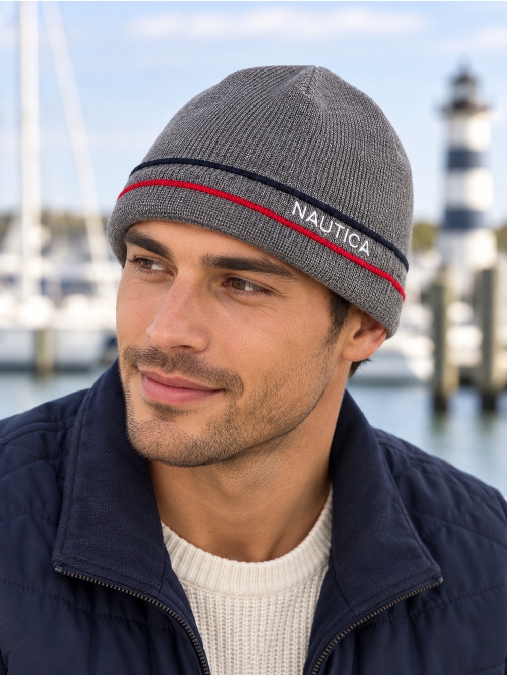 Nautica NS 83 Fleece Lined Knit Beanie Gray Red Navy Embroidered Logo Winter Hat